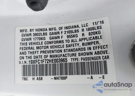2017 Honda Civic Ex-L from USA, damaged, VIN 19XFC1F72HE003965